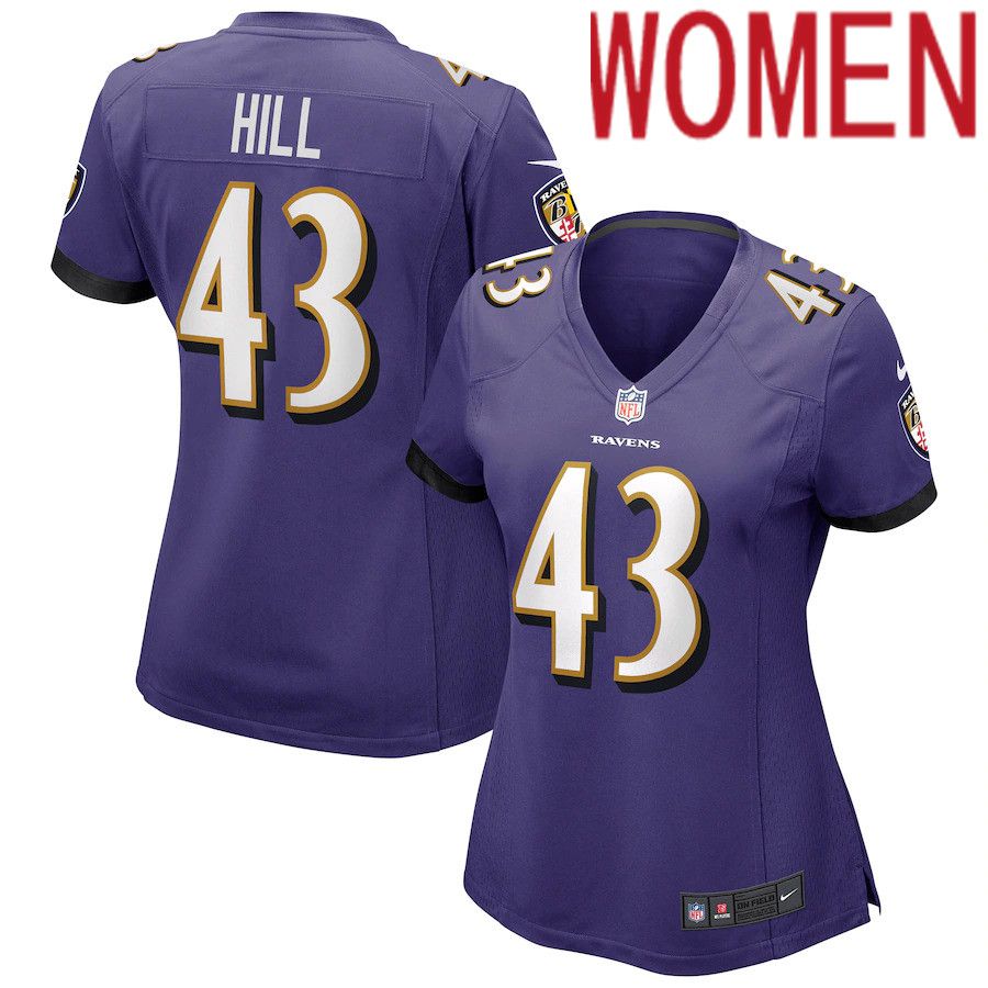 Women Baltimore Ravens #43 Justice Hill Nike Purple Game NFL Jersey